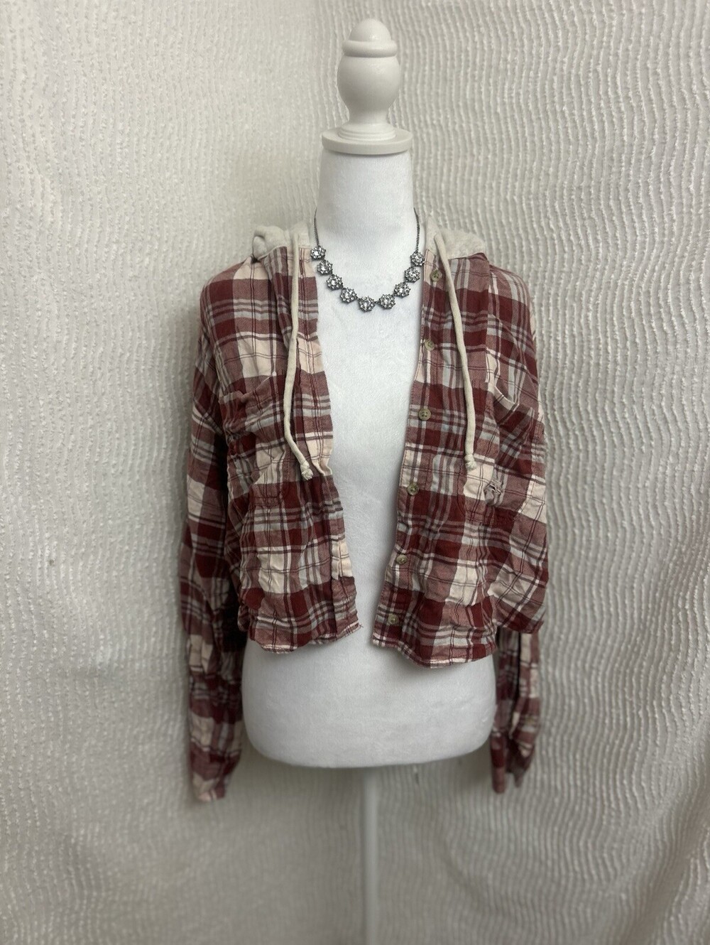 American Eagle Crop Flannel Hoodie Medium Maroon Grey Grunge Distressed Y2K